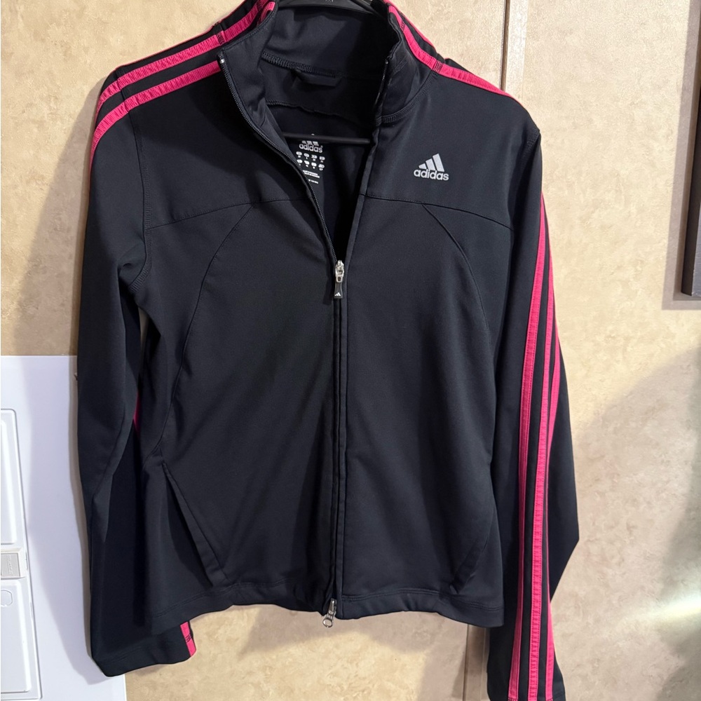 Adidas Women's Black Bomber Jacket with Pink Stripes